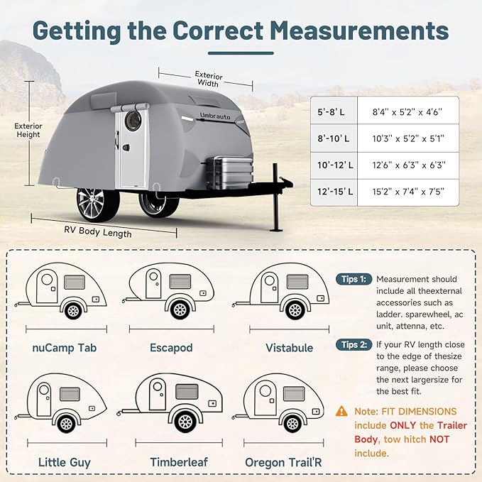Umbrauto Teardrop Travel Trailer Cover Fits 12'-15' Trailers, 7 Layers Top Heavy Duty Waterproof Camper Cover with Windproof Strap for R-Pod Trailers, Clamshell Trailers