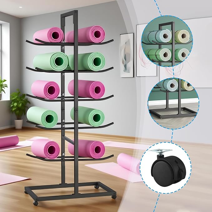 Yoga Mat Holder, Yoga Mat Storage Rack Floor-Standing, Home Gym Double Sided Foam Roller Holder Rack, Large Capacity Yoga Blocks Organizer Shelf on Wheels, 5 Tier Metal Rolling Cart (black, 5th floor)