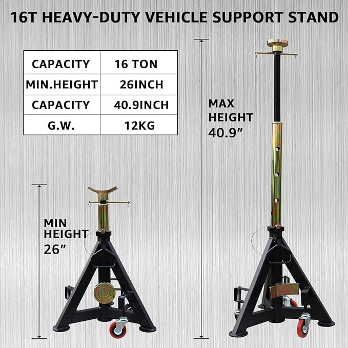 BESTOOL 16 Ton Heavy Duty Jack Stands – 35,000 lbs Capacity, Adjustable 26" to 40.9", for Trucks, Buses, Tractors, Trailers & Construction Equipment