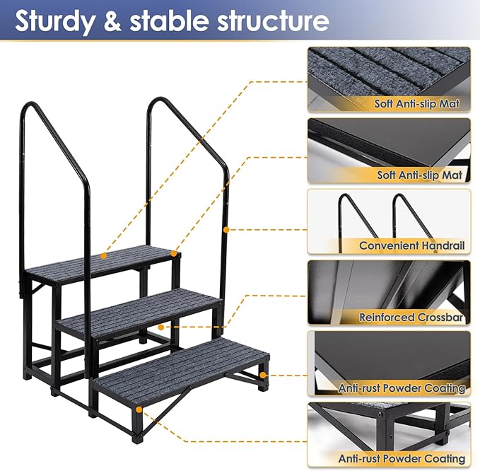 3-Step RV Steps with Dual Handrails – Heavy-Duty RV Stairs for Camper, Hot Tub, Trailer & Porch with Non-Slip Mats