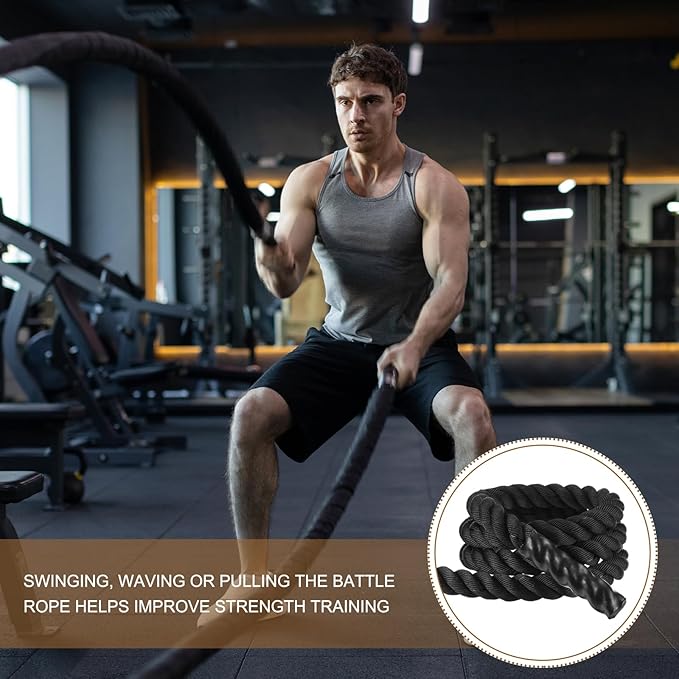 MECCANIXITY Battle Rope 10ft x 2 Inch Polyester Workout Rope Heavy Fitness Exercise Rope for Strength Training Home Gym Muscle Building, Black