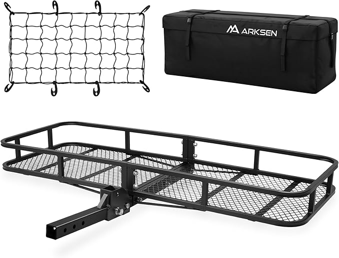 ARKSEN 60 x 23 x 5.5 Inch Folding Hitch Cargo Carrier with 600D PVC Waterproof Cargo Bag, Nylon Net, 500 Lbs Capacity Heavy Duty 2 Inch Receiver Luggage Basket for SUV, Pickup Truck, Camping & Travel