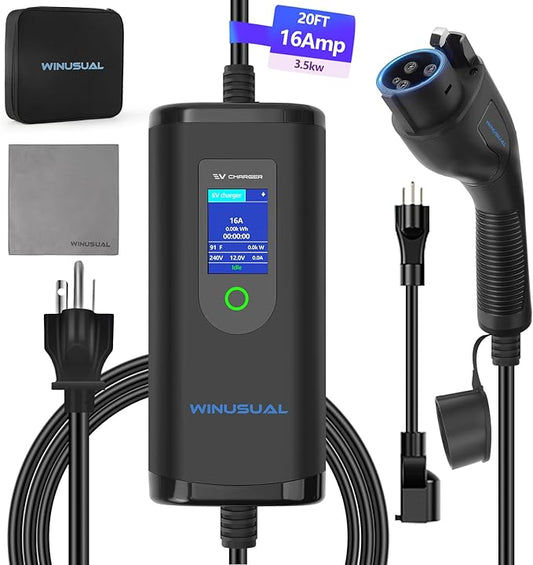 Portable Level 1 and 2 EV Charger,16A 110-240V with Fix Time Charge, 20FT Cable, NEMA 6-20 Plug and NEMA 5-15 Adapter, SAE J1772 EV Electric car Charger, Current Adjustable(NOT for Tesla)