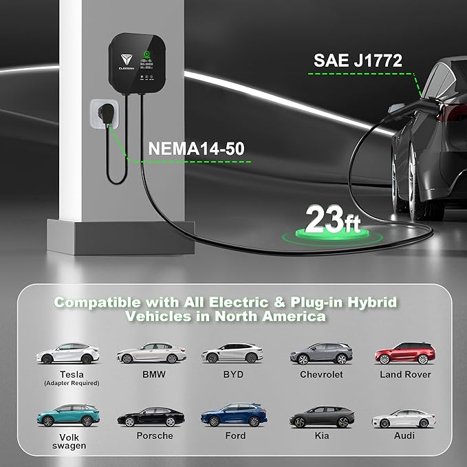 CLEESINK Level 2 EV Charger, 40A 240V Indoor/Outdoor Electric Vehicle Charging Station, NEMA 14-50, 23ft Cable UL Listed Home Electric Car Universal Wall Charger EVSE, Settable Amps & Time, Black
