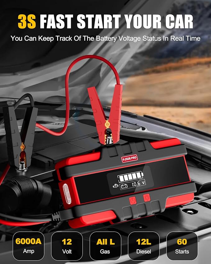 PJS06 Pro 6000A Car Jump Starter (All Gas & 12L Diesel), 74Wh Portable Power Bank with 40W Fast Charge, Smart LCD Voltage Display, Large Screen Warning Light, 10-Safety Protections