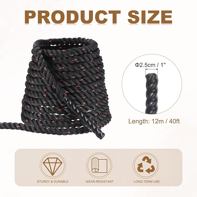 MECCANIXITY Battle Rope 40ft x 1 Inch Polyester Workout Rope Heavy Fitness Exercise Rope for Strength Training Home Gym Muscle Building, Black Red