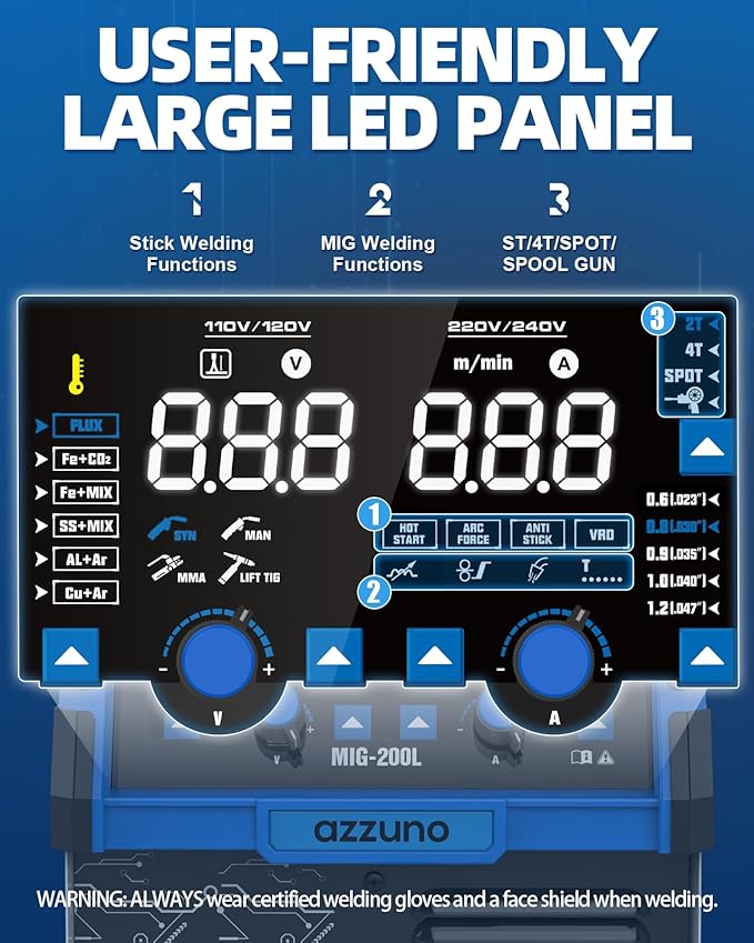AZZUNO 200A MIG Welder 110V/220V, 8 in 1 Welder Machine Aluminum MIG/Gas MAG/Gasless Flux Core MIG/Gas MIG/Spot MIG/Spool Gun Compatible/Lift TIG/Stick Welding, Multi process Welding Machine