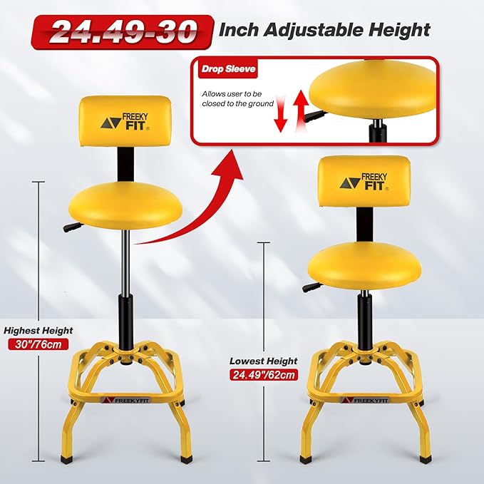 Shop Stool with Backrest, Mechanic Garage Stool for Workshop, Adjustable Shop Stools Chair, Padded Workbench Stools for Men Women, 300 LBS Capacity, 360° Swivel PVC Seat, Heavy Duty, Yellow
