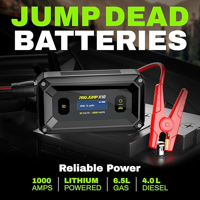 X10 1000A Peak Car Jump Starter with Cross Jump Technology, 10000mAh Portable Power Bank, LCD Screen, for up to 6.0L Gas and 3.0L Diesel Engines