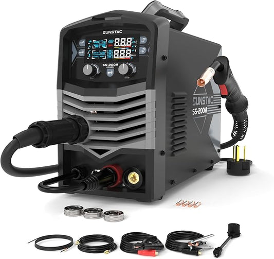MIG Welder, 200A Duo Voltage 5 in 1 Aluminum MIG Welding Machine, MIG/Flux Core/Spool Gun/Lift TIG/Stick, IGBT Inverter Welder Synergic Control, Digital Display (NEW VERSION)