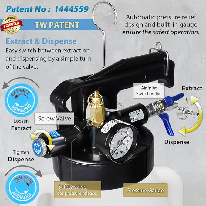 FIRSTINFO A1133NUSY2 Patented 8.5 Liter 16 Pcs Taiwan-ATF Filler Adapters | Pneumatic Transmission Fluid Dispenser Pump | Hanging Hook | 360° Z-Swivel Air Inlet | Spring Structure Hose