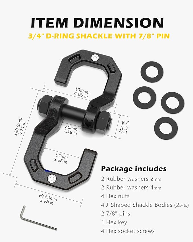 D-Ring Separate Shackles, 2Pack, 3/4" D-Ring Shackles 7/8" Pin, 57320lbs Breaking Strength, Heavy Duty Forged Steel, D-Ring Towing Winch Shackle for Recovery, Off-Road, BlackBlack