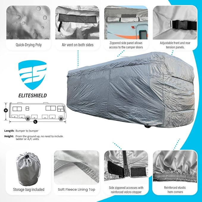 Elite Shield ShieldAll Ultimate Heavy Duty Class A RV Motorhome Cover, Weatherproof Durable Protection for Class A Motorhomes RV 40' to 43' Long, Extra Tall 140" H