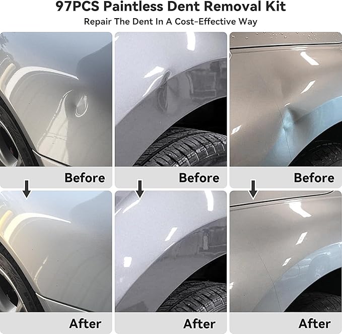 97pcs Dent Puller Kit, Paintless Dent Removal Kit for Dent Repair, Dent Repair Kit with Golden Lifter, Slide Hammer T-Bar, Bridge Puller, Car Dent Puller Tool for Auto Hail Damage Door Ding