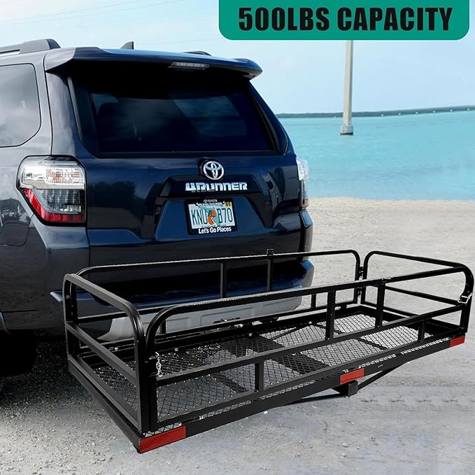 Trailer Hitch Cargo Rack, 60 x 24 x 14 Inch Folding Hitch Mount Cargo Carrier with High Side Rails for RV Truck SUV Van, 500 lbs. Capacity, 2" Receiver, Black
