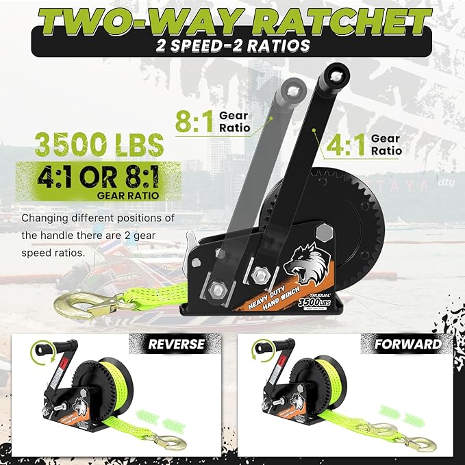 33FT Strap Boat Trailer Winches，2-Way Ratchet System Designed for Heavy-Duty Applications. 3500 lbs Ideal for Towing Trucks, ATVs, RVs, and Jet Skis.