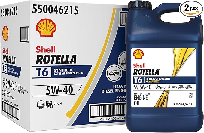Shell Rotella T6 Full Synthetic 5W-40 Motor Oil, 2.5 Gallon (2 Pack)