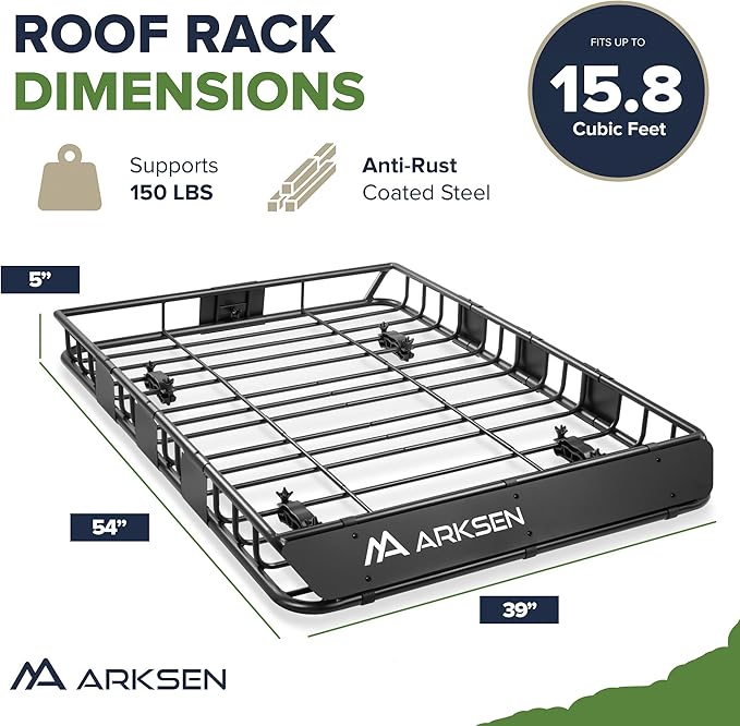 ARKSEN 54 x 39 x 5 Inch Upgrade Universal Roof Rack with Waterproof Bag, Cargo Net&2 Ratchet Straps - 150Lbs Capacity Heavy Duty Rooftop Cargo Carrier with Extension for Car, SUV & Pickup