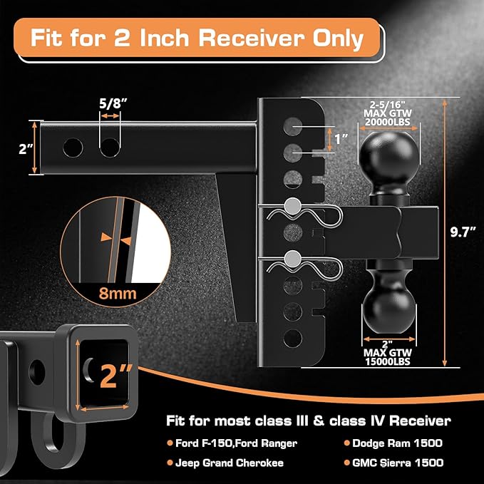 Adjustable Trailer Hitch - Drop Hitch Fits 2-Inch Receiver, 8 Inch Truck Hitch with Dual-Ball(2'' & 2-5/16''), Max 20,000 LBS GTW, Heavy Duty Tow Hitch with Anti-Theft Pins Locks Ball Mount