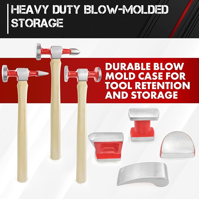 C&T 7 Piece Auto Body Repair Tool Hammer Dolly Set, Car Body Repair Tool Kit with Carrying Case, Hickory Handles