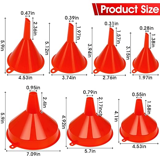 DEDC Oil Funnels Plastic Set for Car Automotive Kitchen Mini Small Large Red (7 PCS Oil Funnels)