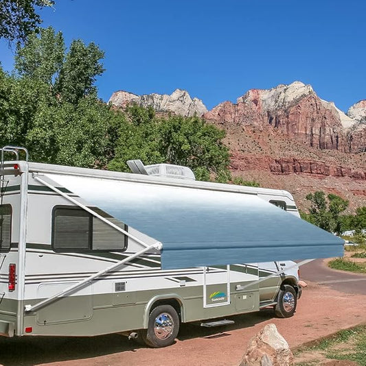Suncode Manual RV Awning White Modular Retractable Awning Complete Kit for RV,5th Wheel,Travel Trailers,Toy Haulers,Motorhome RV Trailer Awning for Home or Camper-20x8Ft-Blue Fade