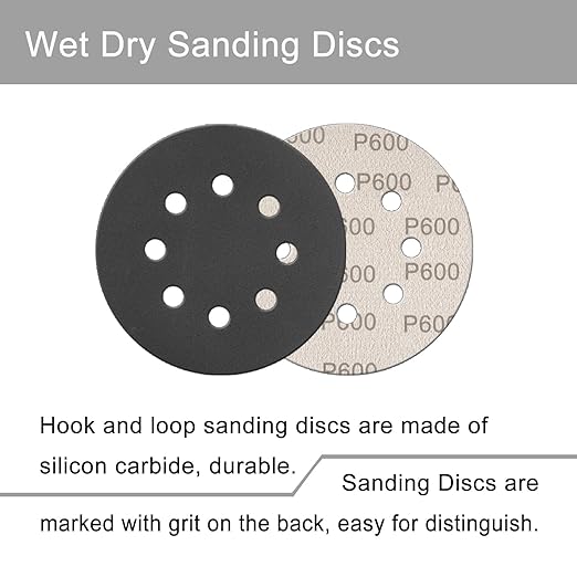 100 Pcs 5 Inch Sanding Discs Hook & Loop 8 Holes Wet Dry 600 Grit Sandpaper Silicon Carbide Sand Paper for Orbital Sander Automotive Wood Plastic Metal Polishing (100Pcs 600 Grit)