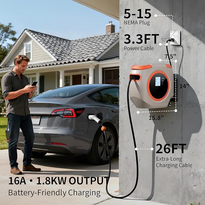 Level 1 EV Charger for Tesla – 110V 16A, 26FT Cable, NEMA 5-15 Plug, Wi-Fi Support, Portable Tesla Connector for Model 3/Y/S/X, Easy for Home or Travel (Grey)