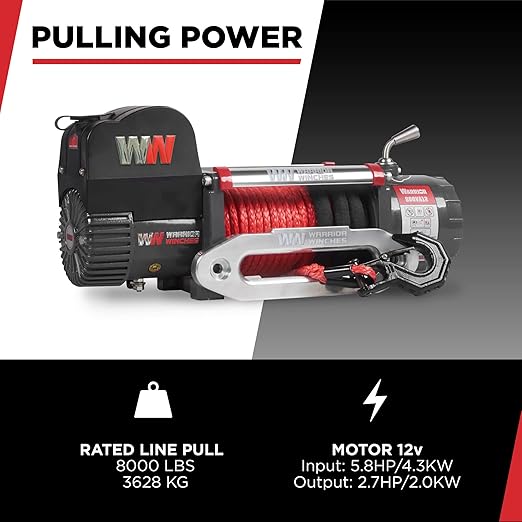 Warrior Winches Samurai 8000 lbs 12V Electric Winch with Synthetic Rope - Powerful Electric Winch for Trucks - 8000 lbs Load Capacity - Wireless Remote Included