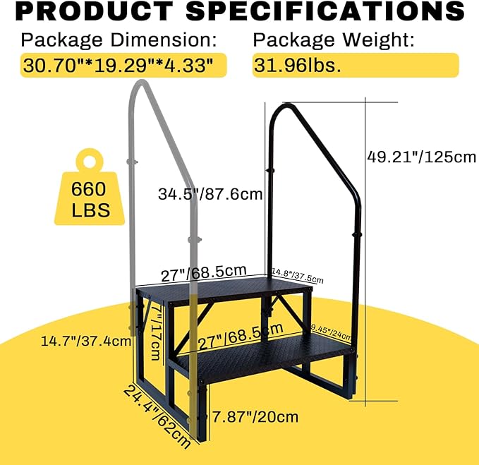 RV Steps with 2 Handrails, Hot Tub Steps Outdoor, 2 Step Ladder Stool, RV Stairs with Anti-Slip Panel, Camper Steps for Spa, Travel Trailers, Pool and Porch