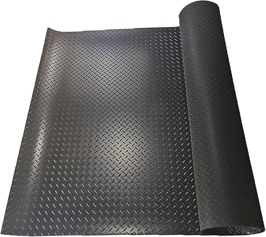 Boshen 5x12FT Garage Floor Mat, 2.5mm Thickened Diamond Plate PVC Rubber & Vinyl Flooring Roll, 60 SQFT Non-Slip Rubber Garage Mat for Floor Under Car Protection - Black