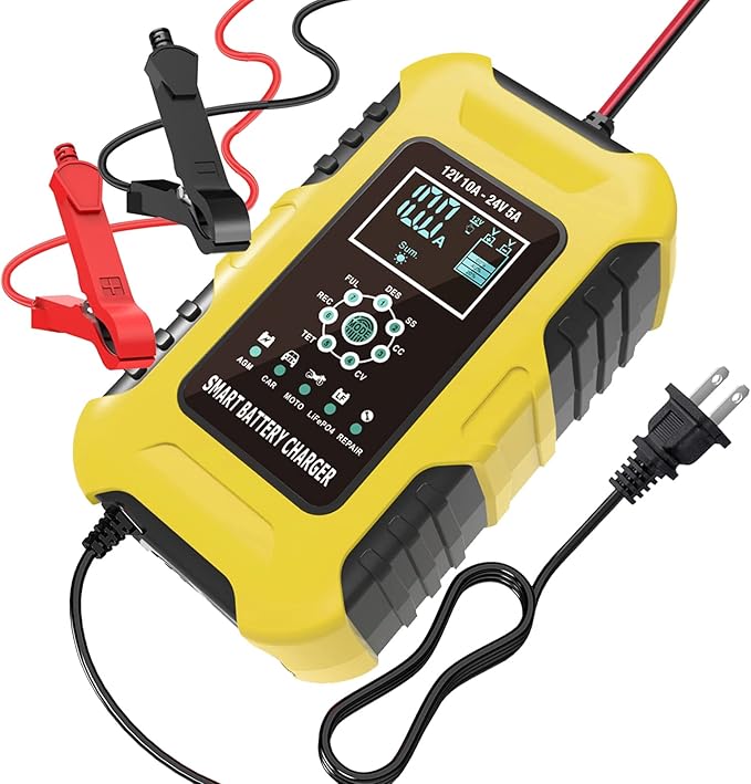 10-Amp Motorcycle & Car Battery Charger,12V and 24V Pulse Repair Charger,Trickle Battery Quick Charger & Maintainer for Truck ATV Lawn Mower Tractor SLA AGM Gel Wet Lead-Acid LiFePO4 Battery