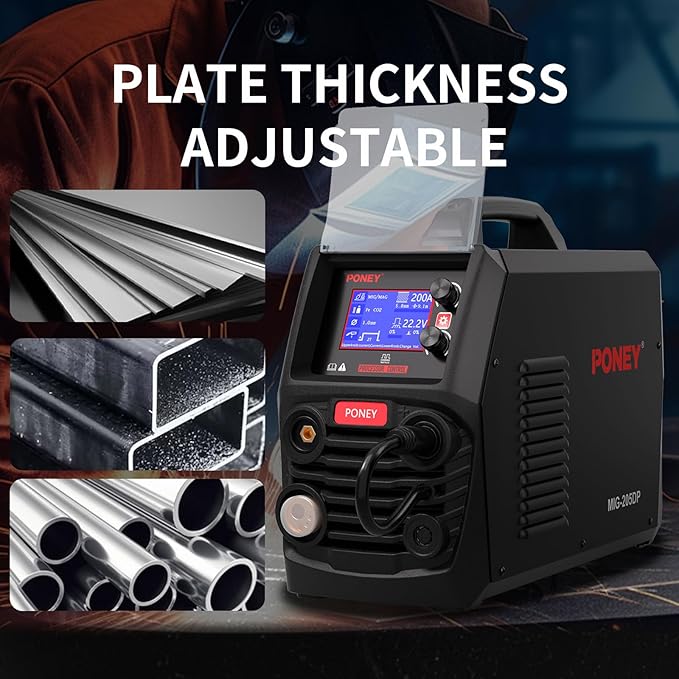 PONEY 200Amp Double Pulse MIG Aluminum Welder 9 in 1 MIG/MAG/FLUX/MIG Synergy/Single Pulse MIG/Double Pulse MIG/TIG LIFT/Spot Welding/MMA 220V Multi Process Welding Machine with LCD Digital Display