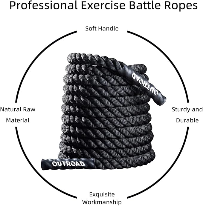 Outroad Battle Rope, 1.5" Diameter 30ft Poly Dacron Workout Exercise Training Heavy Rope, Workout Equipment for Crossfit Training Home Gym & Fitness Exercises, Black and Pattern