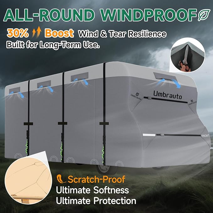Umbrauto Class C RV Cover Upgraded 7 Layers Anti-UV Top Panel Motorhome Cover Windproof Camper Cover Fits 20' to 23' Motorhome with 2Pcs Extra Straps, Adhesive Repair Patches, 6 Gutter Covers