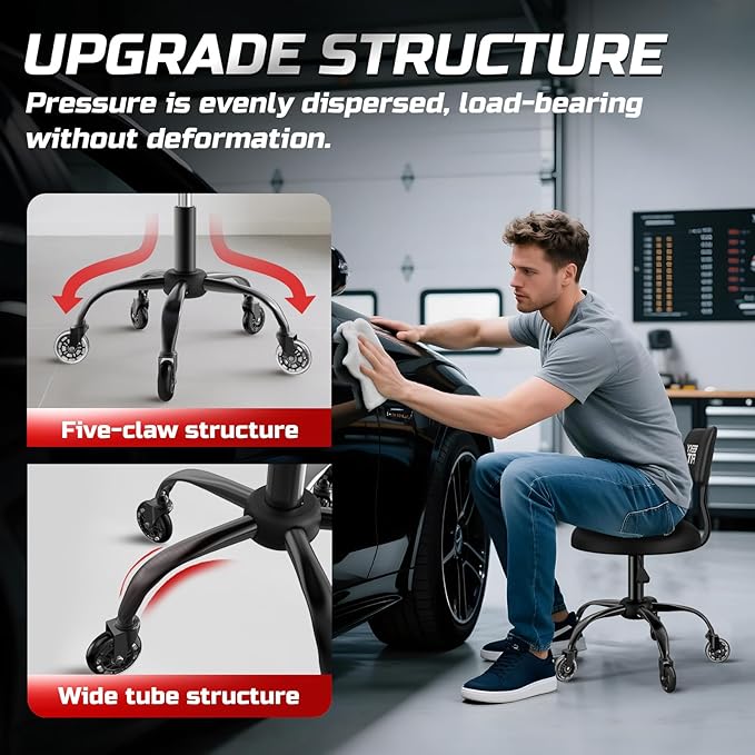 Rolling Shop Stool with Wheels,Mechanic Garage Stool Chair with Adjustable Height 15.55"-18.3",Heavy Duty Swivel Roller Seat for Garage,Salon and Tattoo Beauty, Black