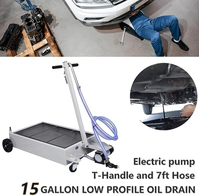 15 Gallon Oil Drain Pan with Electric Pump, Low-Profile Oil Pans for Changing Oil, T-Handle and J-Hook Makes Drain Easier, Gray