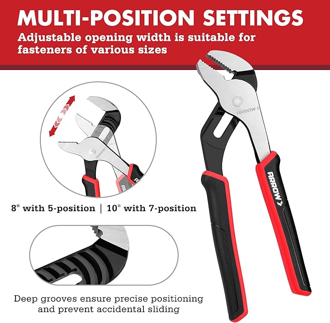ARROW 2-Piece Groove Joint Pliers, 8" & 10" Adjustable Water Pump Pliers with TPR Handle, High Carbon Steel Tongue and Groove Plier for Plumbing, Automotive and Household Repairs