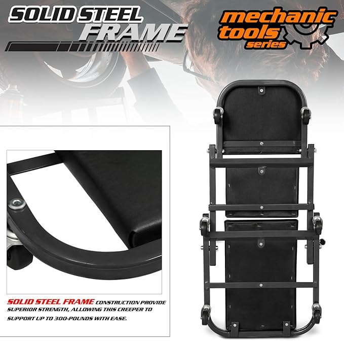 M-AUTO Foldable Z Creeper 2-in-1 Rolling Folding Car Creeper & Seat, 36" Adjustable Roller Garage Chair Lay Down or Sit, 330LBS Capacity Under Car Roller Creeper with 6 Swivel Casters, Black