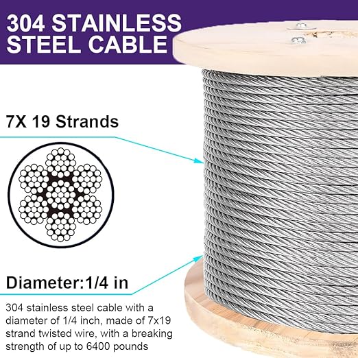 1/4" Stainless Steel Cable, 300 ft, 7X 19 Strands Wire Rope, 6400lbs Breaking Strength, Steel Aircraft Cable for Yard Zipline, Deck Railing, Boat Lifts, Dog Run, Straightening Trees