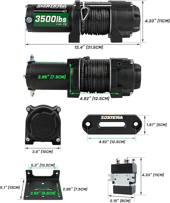 3500lbs ATV/UTV Winch with Synthetic Rope, Electric Boat Trailer Winch 12V, Waterproof Winch with 2 Wireless Remotes &Wired Switch,with Mounting Plate,Pulley,Rope Damper,Aluminium Fairlead