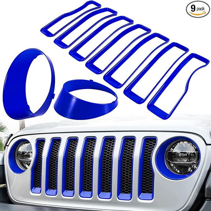 Front Grille Mesh Inserts & Headlight Cover for Jeep Wrangler JL JLU Sport & Sport S Only 2018-2023 Exterior Accessories Clip-in Grille Guard Cover Headlight Bezels Trim Ring (Blue 9PCS)