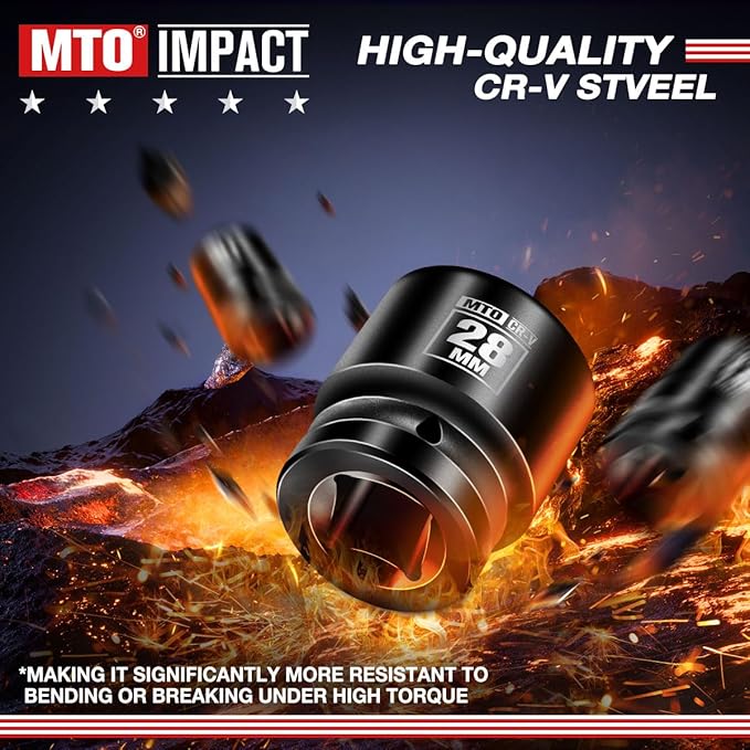 MTO 1/2" Drive 28mm Shallow Impact Socket, 6-Point Metric Socket for Automotive Maintaince, CR-V Steel Meets ANSI Standards