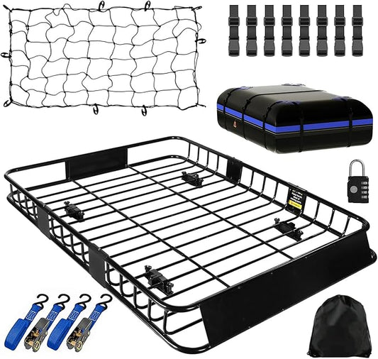 FORWODE 250LBS. 64" x 50" x 6" Roof Rack Carrier Basket with Cargo Net, Waterproof Bag, Strap, Universal Rooftop Cargo Luggage Rack Basket for Car, SUV, Truck
