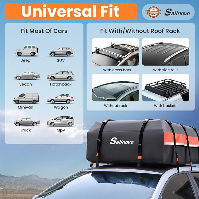 Sailnovo Car Rooftop Cargo Carrier 21 Cubic Feet, Waterproof 1000D PVC Car Roof Bag with Anti-Slip Mat, Combination Lock, Storage Bag, Door Hooks & Tie-Down Strap fit Vehicle with/Without Luggage Rack