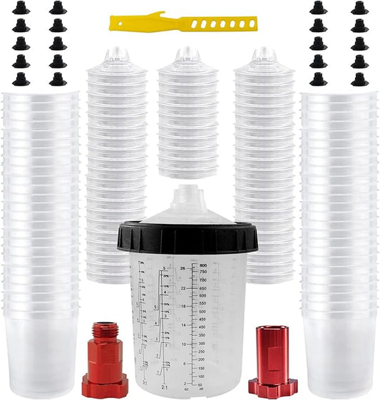 RRJ Disposable Paint Cup Automotive Spray Gun Paint System, for LVLP/HVLP Spray Gun Kit 27 Ounce(800ML) Mixing Cups with 50 Liners and Lids, 1 Hard Cup with Retainer Ring, 2 Adapter, Stirrer