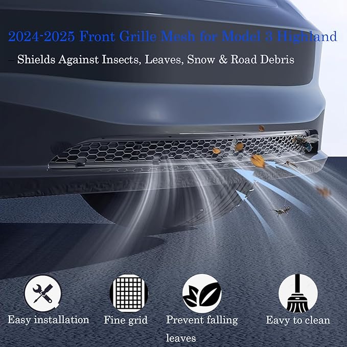 Front Grill Mesh for 2024-2025 Tesla Model 3 Highland, Snap-On Lower Bumper Grille Insert for Debris Protection, All-Weather ABS & Stainless Steel Vent Cover Guard (Matte Black)