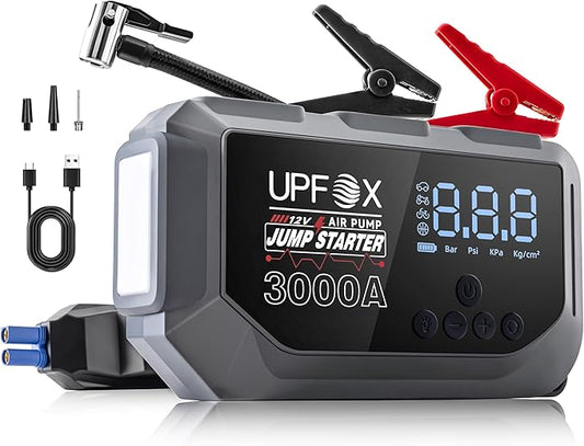 3000A Jump Starter with Air Compressor 12V – Portable Car Jump Starter for 8.0L Gas & 6.0L Diesel Engines, 150PSI Tire Inflator with LED Display, Emergency Jump Box with 3 Light Modes & Jumper Cables