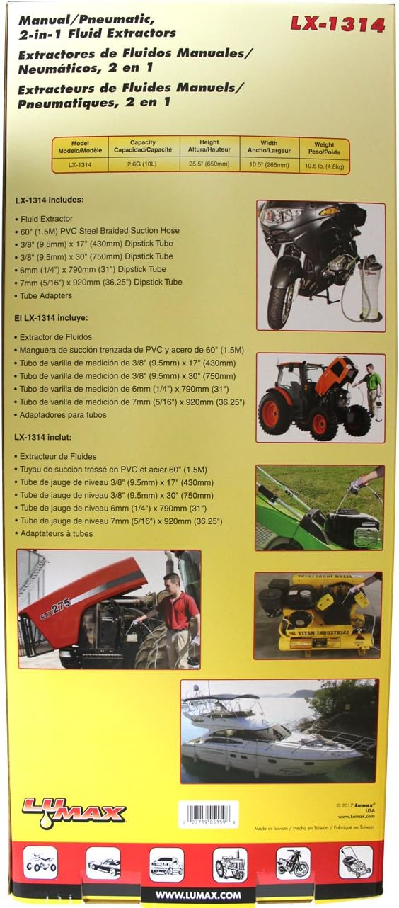 LUMAX LX-1314 Gold/Silver Manual/Pneumatic 2-in-1 Fluid Extractor (2.6G 10L Capacity). Suitable for Brake Fluid, Engine Oil, Gear Oil, Transmission Fluid, Water, etc.