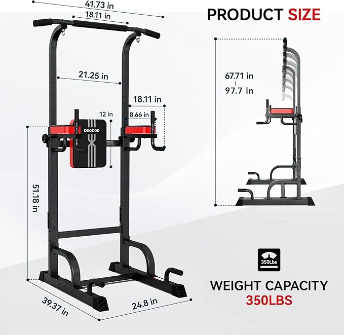 Power Tower Dip Station Pull Up Bar for Fitness Home Gym Workout,Multi-Function Adjustable Height Fitness Strength Training Exercise Equipment,with Power Elastic Ropes (Red Black)